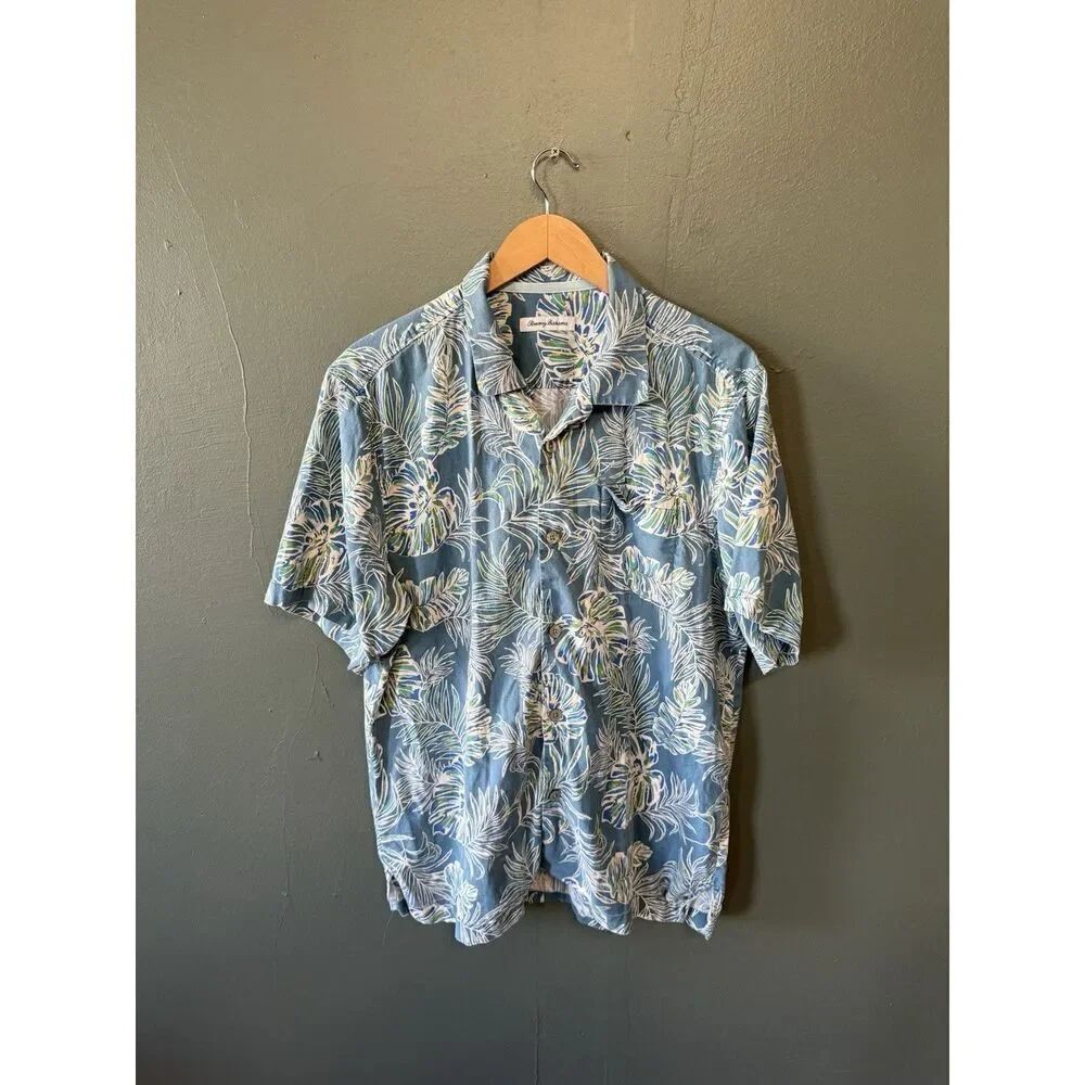Tommy Bahama Mens Blue Short Sleeve Floral Pattern Button Up Shirt Size Large